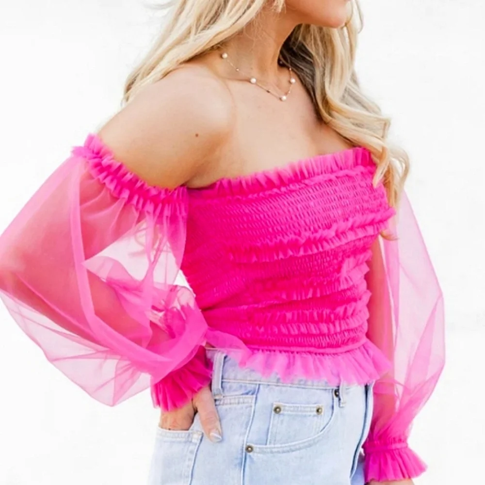 Tea & Cup Hot Pink Tulle Smocked Off Shoulder Top Size Small